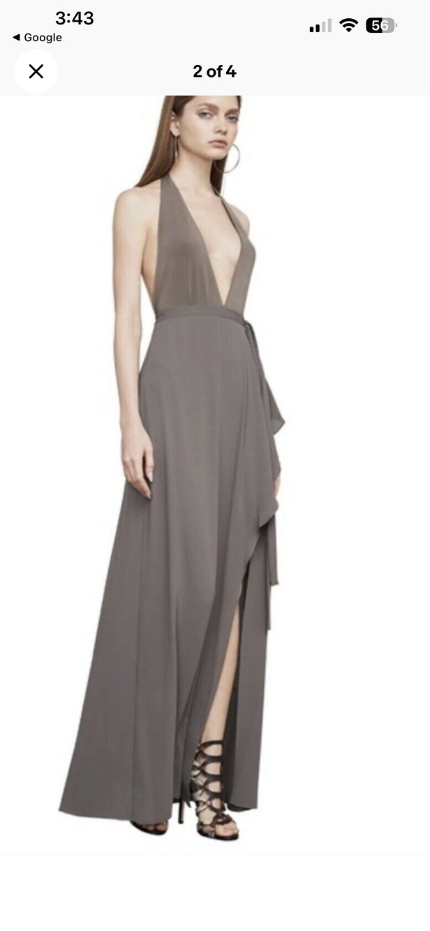 BCBGMAXAZRIA Angeline Halter Front Slit Ruffle Maxi Dress Gown Grey Size 10 NWT